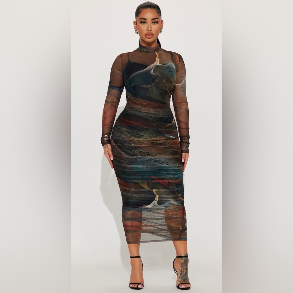 Women's Brown Combo Mesh Bodycon Midi Dress